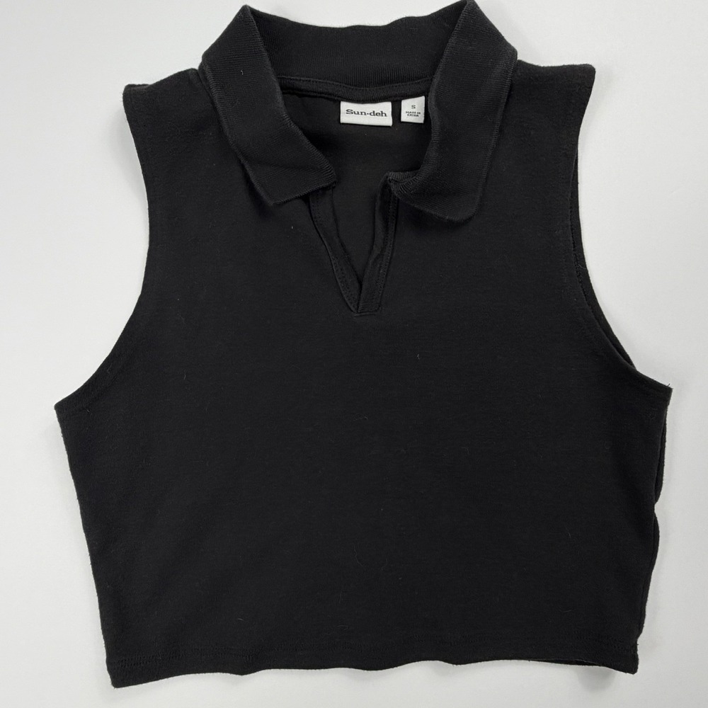 Aritzia Sun-deh Black Sleeveless Collared Crop Top Women's Small Knit Polo Style